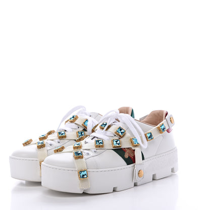 Gucci Calfskin Removable Crystals Bee Embroidered Womens Ace Platform Sneakers 39 White 3 of 8