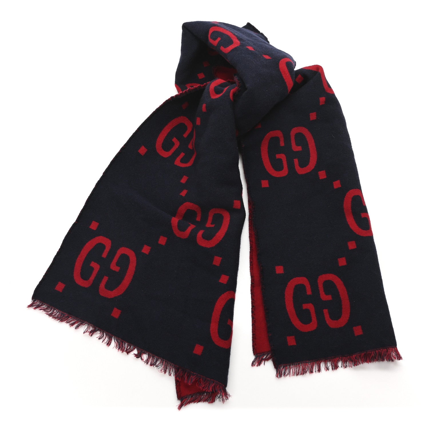 Gucci Wool Silk Monogram Jumbo GG Freedom Scarf Midnight Blue Red 1 of 3