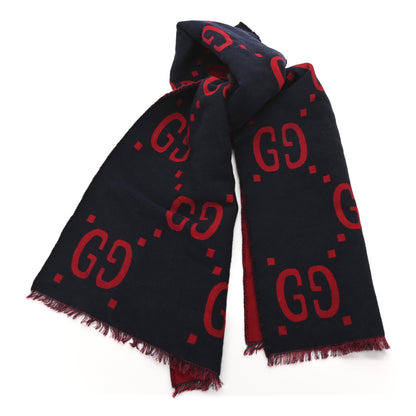 Gucci Wool Silk Monogram Jumbo GG Freedom Scarf Midnight Blue Red 1 of 3