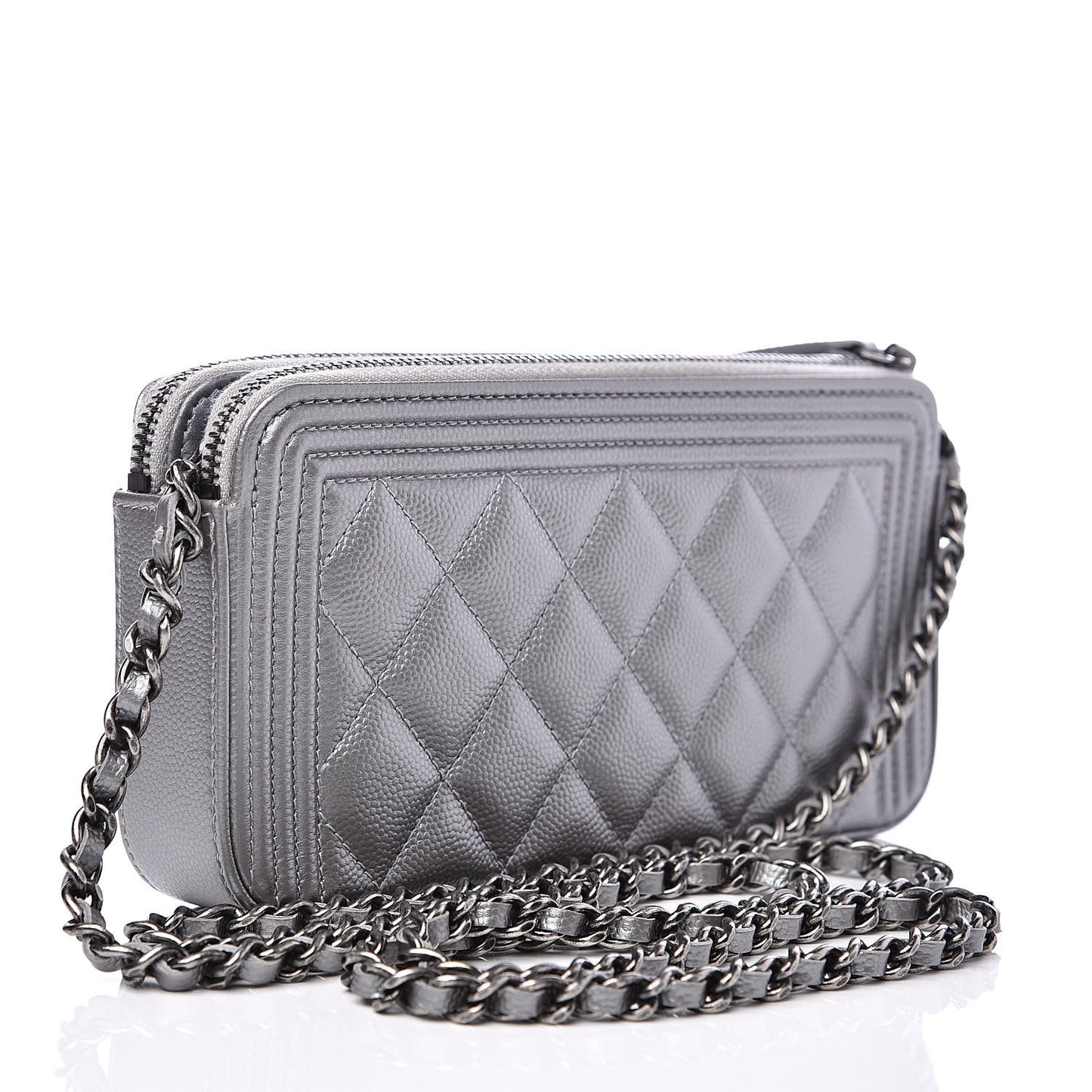 Metallic Caviar Quilted Small Boy Clutch With Chain Silver
