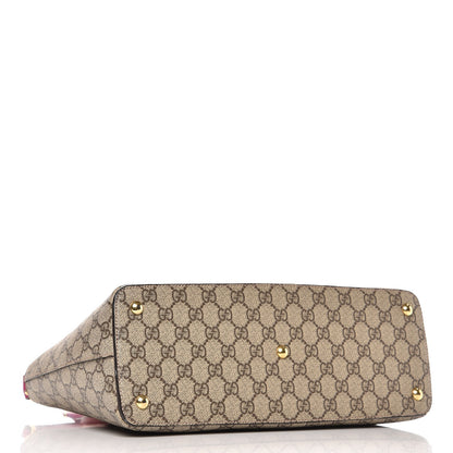 Gucci GG Supreme Monogram Moon Calfskin Small Zip Top Tote Beige Ebony Hibiscus Red New Rosette 4 of 7
