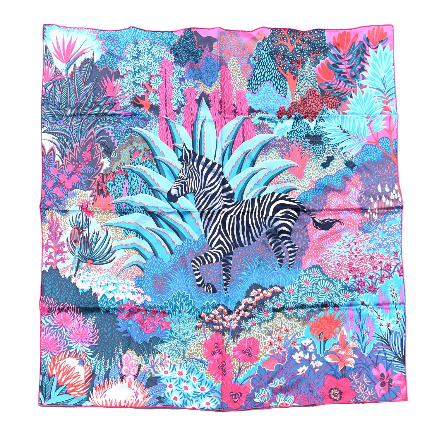 Hermes Silk Mountain Zebra Scarf 90 Turquoise Fuchsia Cobalt 1 of 6