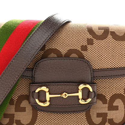 Gucci Monogram Jumbo GG Textured Dollar Calfskin Web Mini Horsebit 1955 Shoulder Bag Camel Ebony New Acero 7 of 12