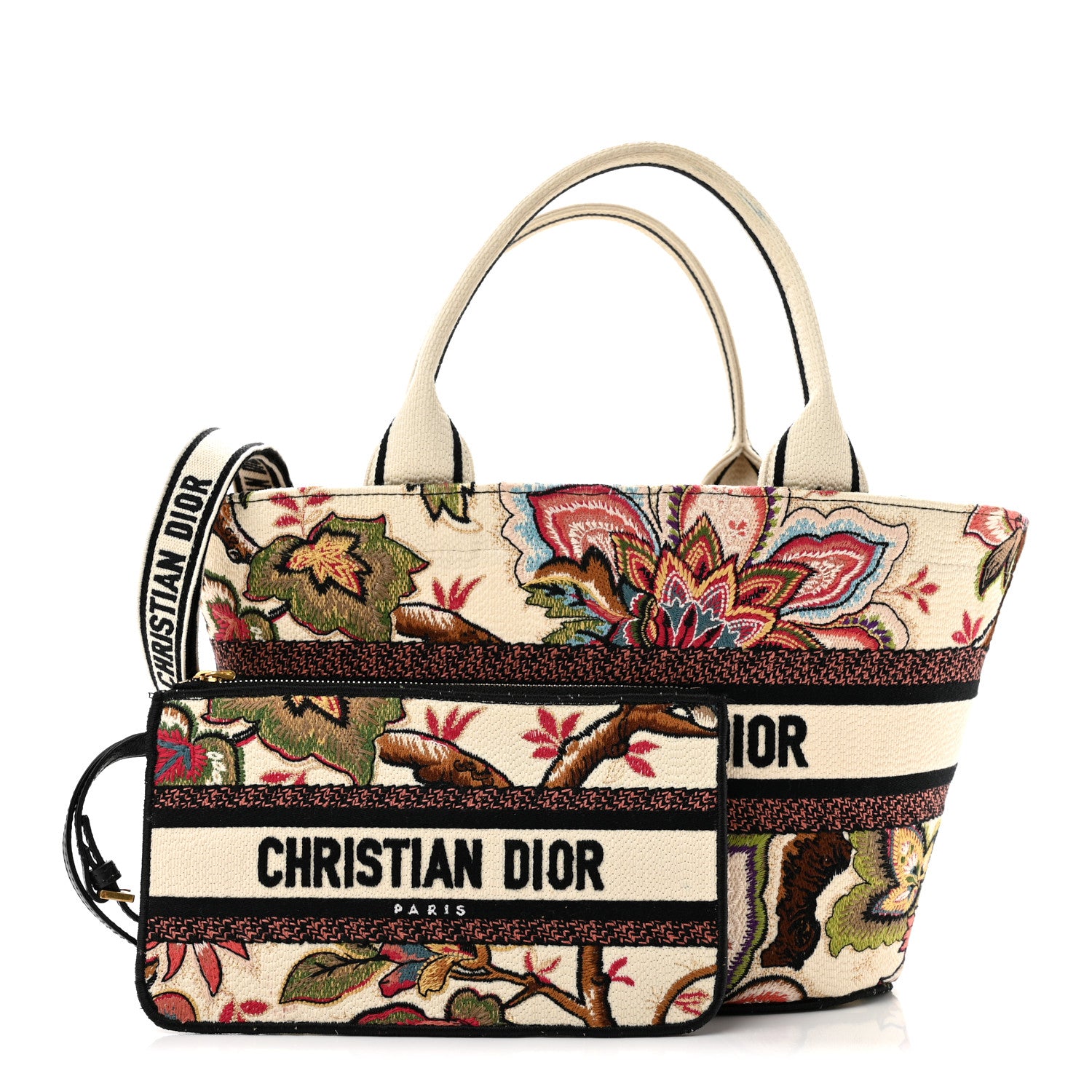 Christian Dior Canvas Embroidered Floral Panier Chapeau Tote White Multicolor 3 of 12