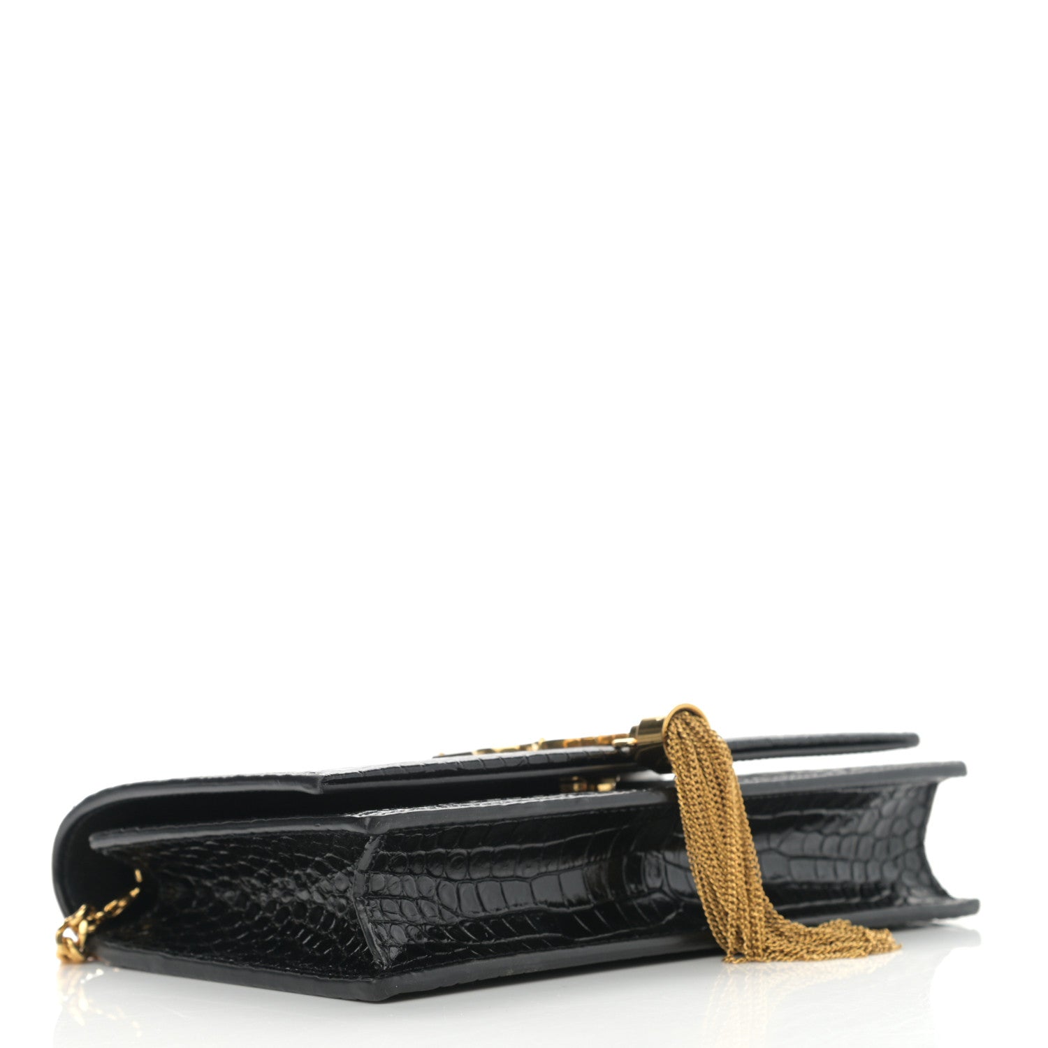 Saint Laurent Calfskin Crocodile Embossed Kate Monogram Tassel Chain Wallet Black 3 of 9