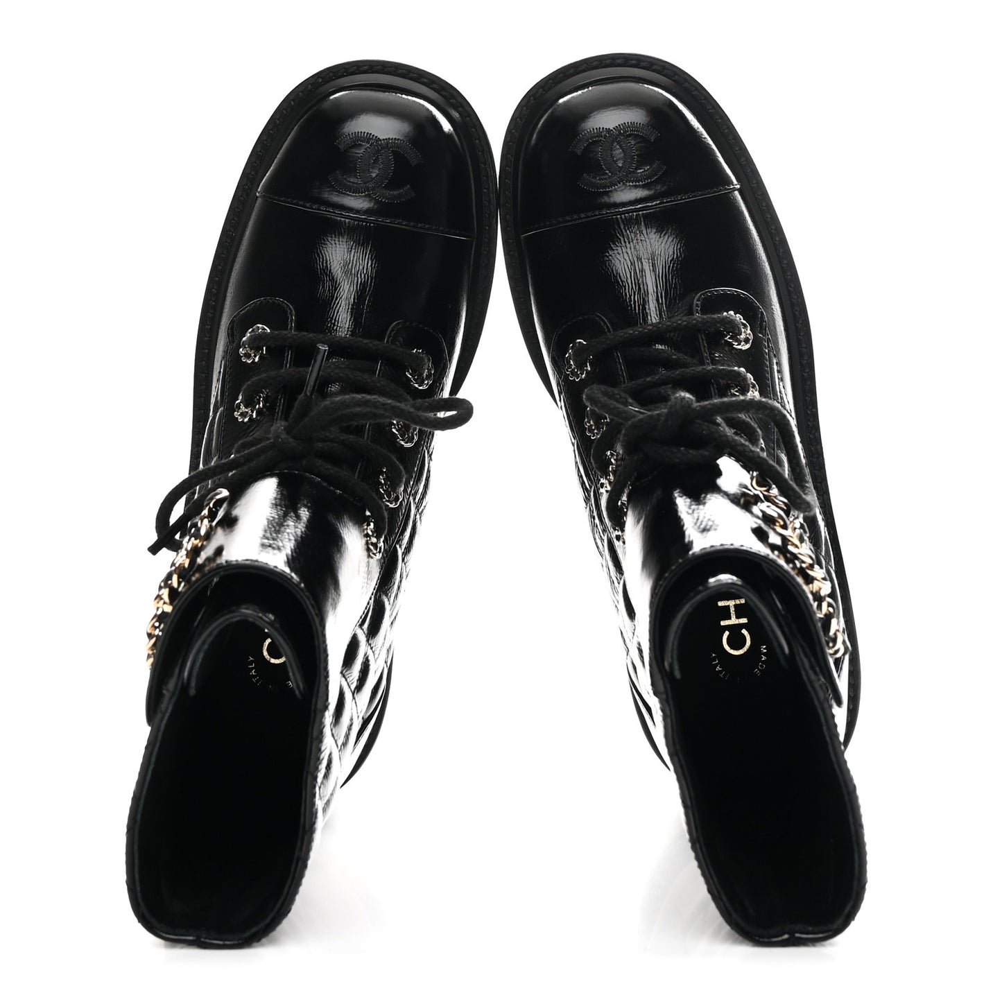 Shiny Calfskin Quilted Lace Up Combat Boots 36.5 Black
