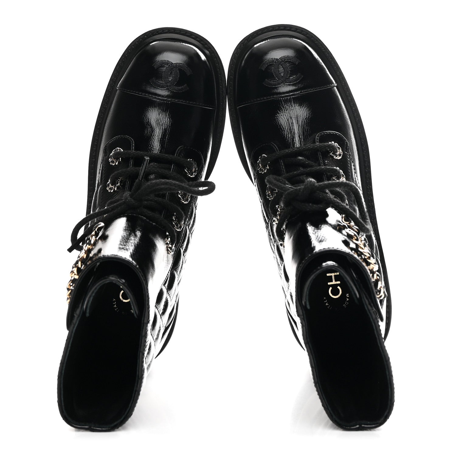 Chanel Shiny Calfskin Quilted Lace Up Combat Boots 36.5 Black 2 of 11