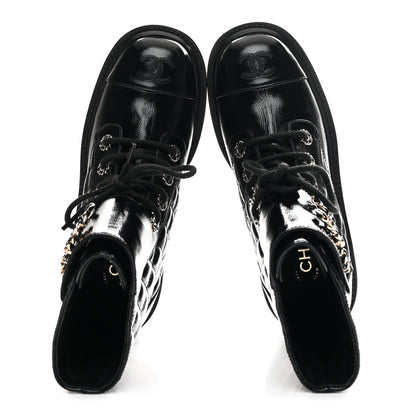 Chanel Shiny Calfskin Quilted Lace Up Combat Boots 36.5 Black 2 of 11