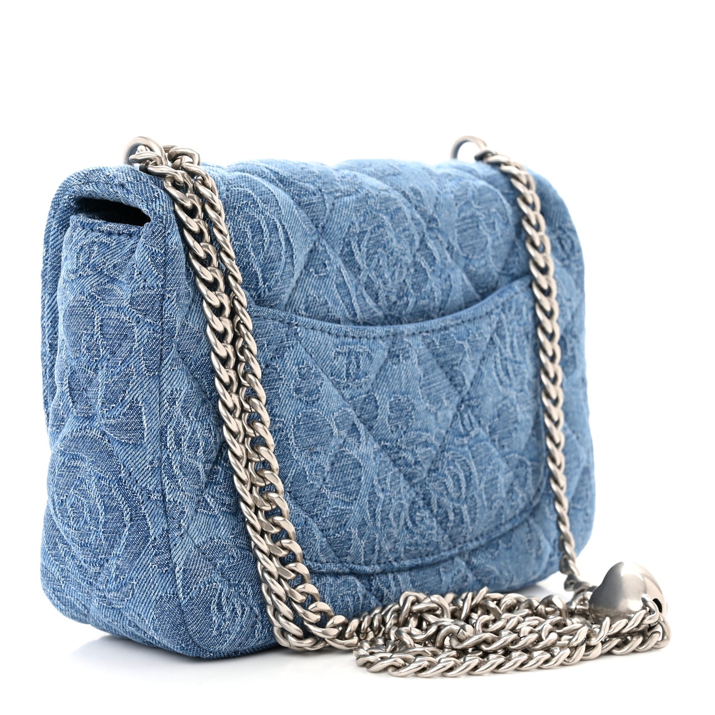 Denim Quilted Camellia Sweetheart Mini Flap Blue