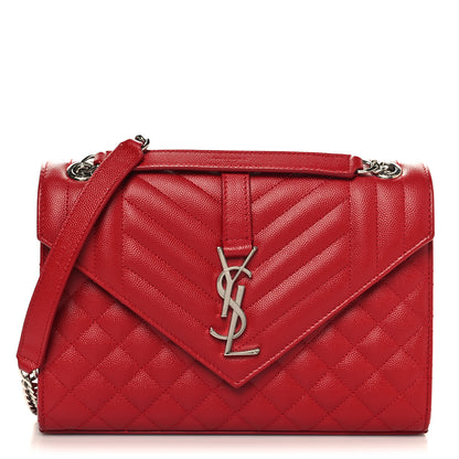 Saint Laurent Grain De Poudre Textured Mixed Matelasse Triquilt Medium Monogram Satchel New Red 1 of 9