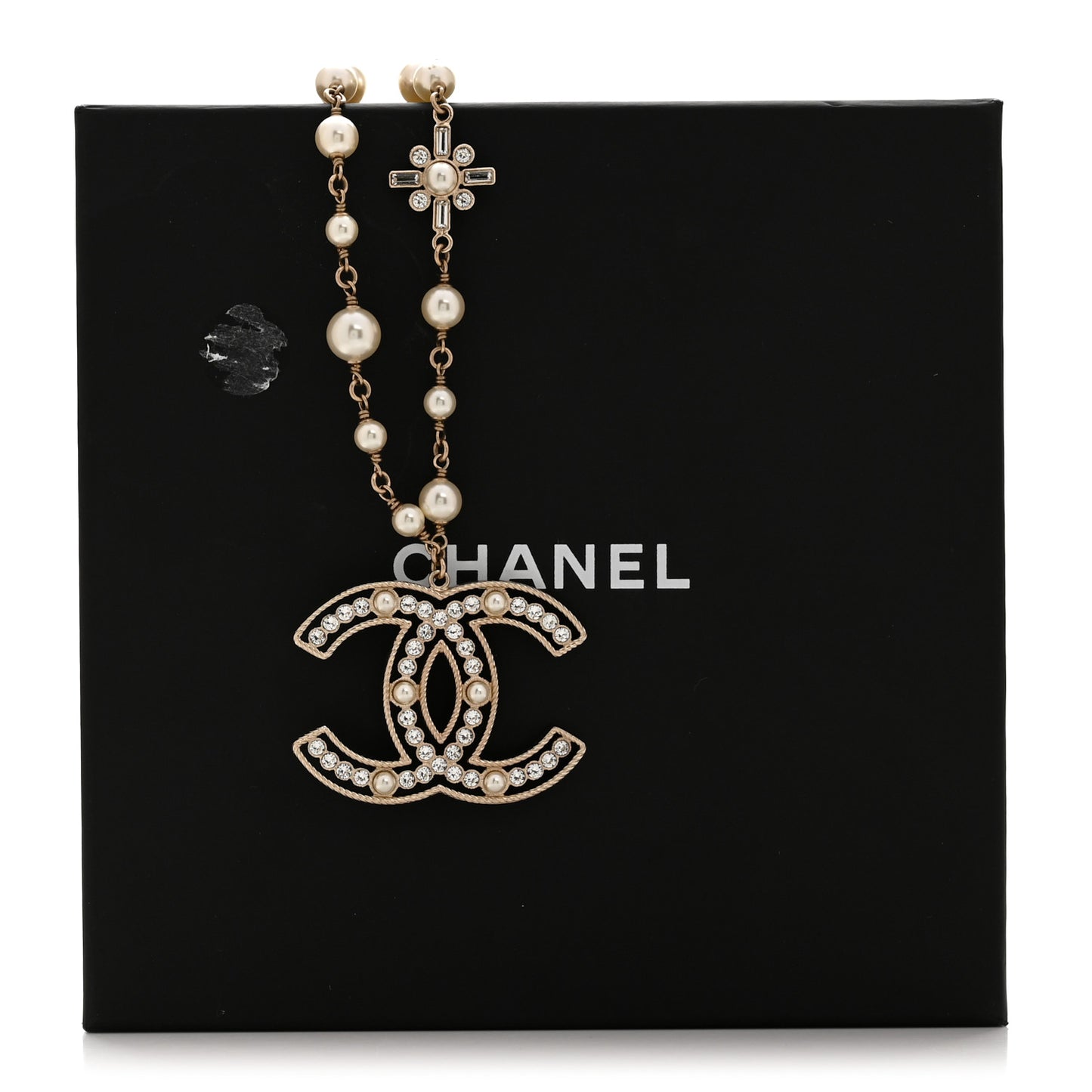Pearl Crystal Chain CC Necklace Gold White