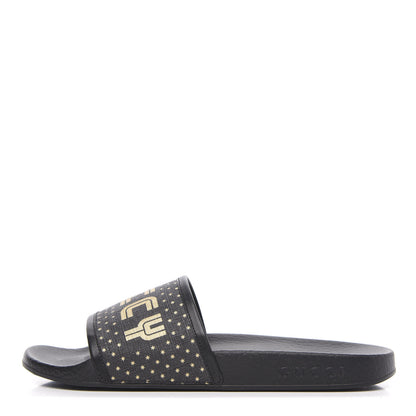 Gucci X SEGA Supreme Canvas GUCCY Stars Womens Slide Sandals 38 Black Gold 1 of 8