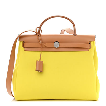 Hermes Military Toile Vache Hunter Herbag Zip Retourne 31 PM Lime Naturel Sable Rouge Garance 2 of 10