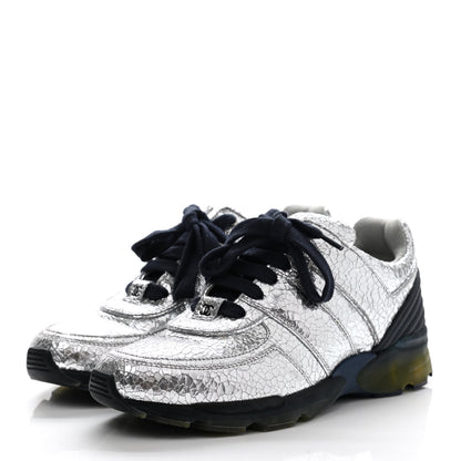 Chanel Metallic Crackled Calfskin CC Sneakers 37 Silver Black Navy 3 of 8