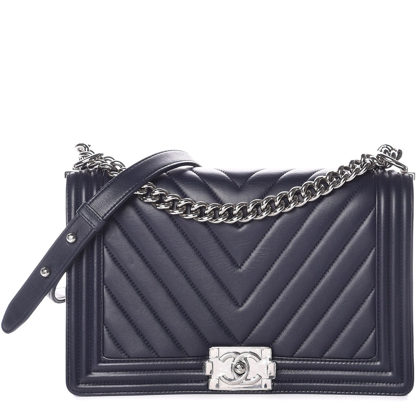 Calfskin Chevron Quilted New Medium Boy Flap Dark Navy Blue