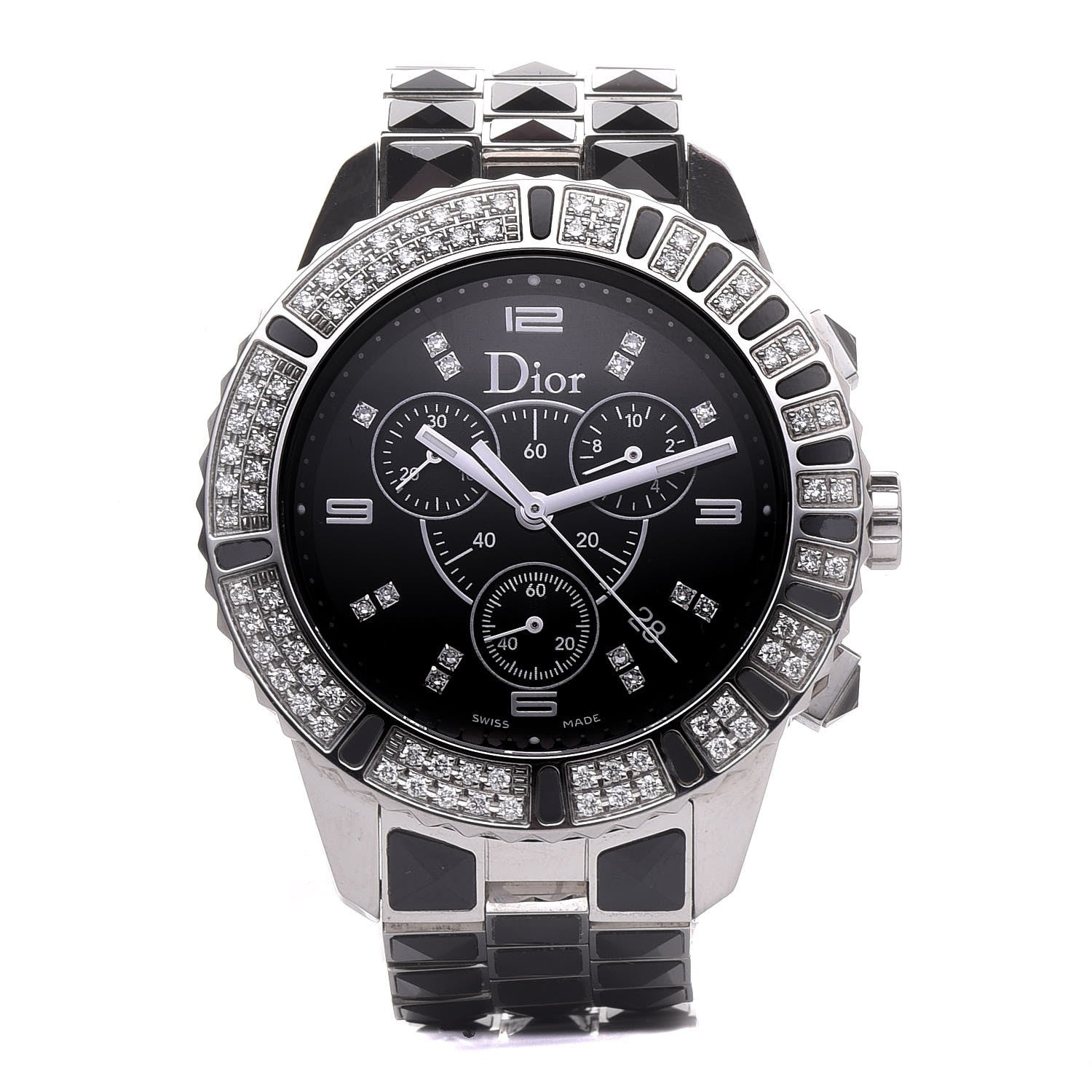 Christian Dior Stainless Steel Diamond Pave Bezel Sapphire 38mm Christal Chronograph Quartz Watch Black 1 of 9
