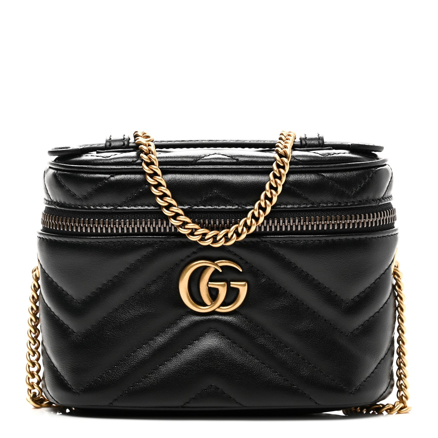 Calfskin Matelasse Chevron Mini GG Marmont Top Handle Bag Black