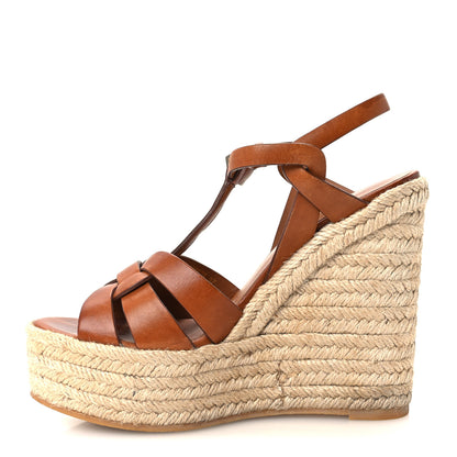 Saint Laurent Calfskin Tribute 95 Platform Espadrille Wedge Sandals 37 Brown 1 of 12
