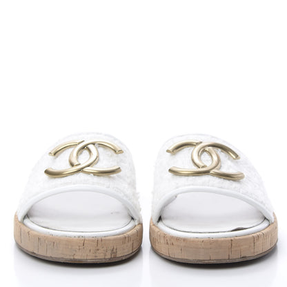 Chanel Tweed Cork CC Mule Sandal 39.5 Silk White 2 of 12