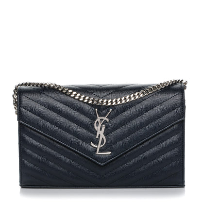 Saint Laurent Grain De Poudre Matelasse Chevron Monogram Chain Wallet Navy 1 of 6