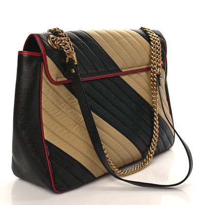 Gucci Azalea Calfskin Matelasse Diagonal Patchwork Large Torchon GG Marmont Shoulder Bag Black Beige Romantic Cerise 2 of 8