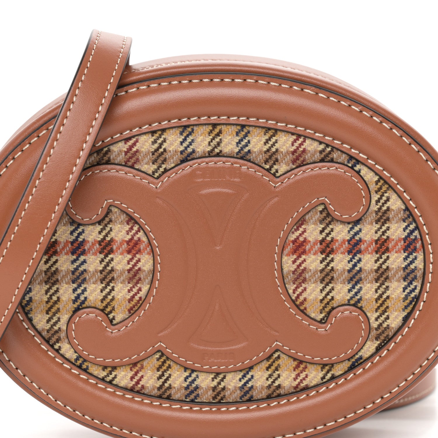 Celine Smooth Calfskin Houndstooth Cuir Small Triomphe Oval Purse Crossbody Tan 6 of 9
