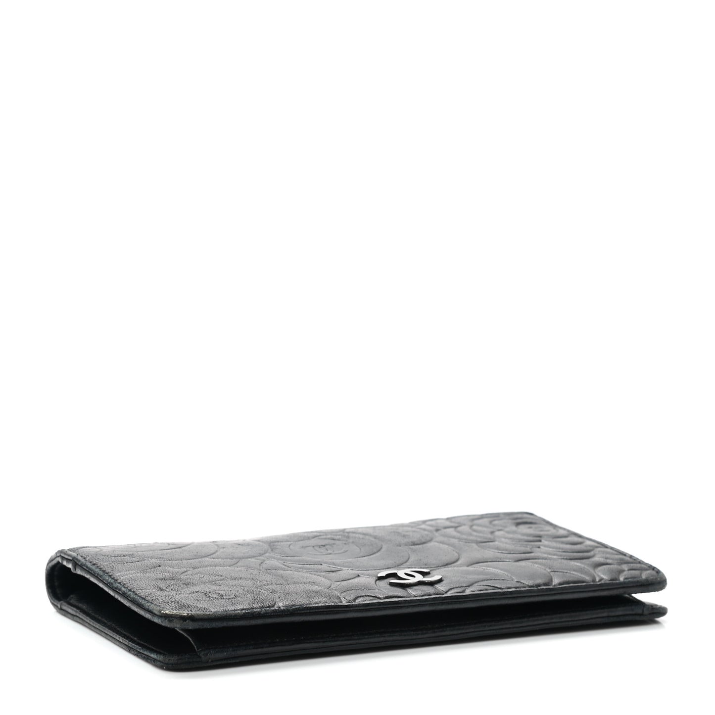 Lambskin Camellia Embossed Yen Wallet Black