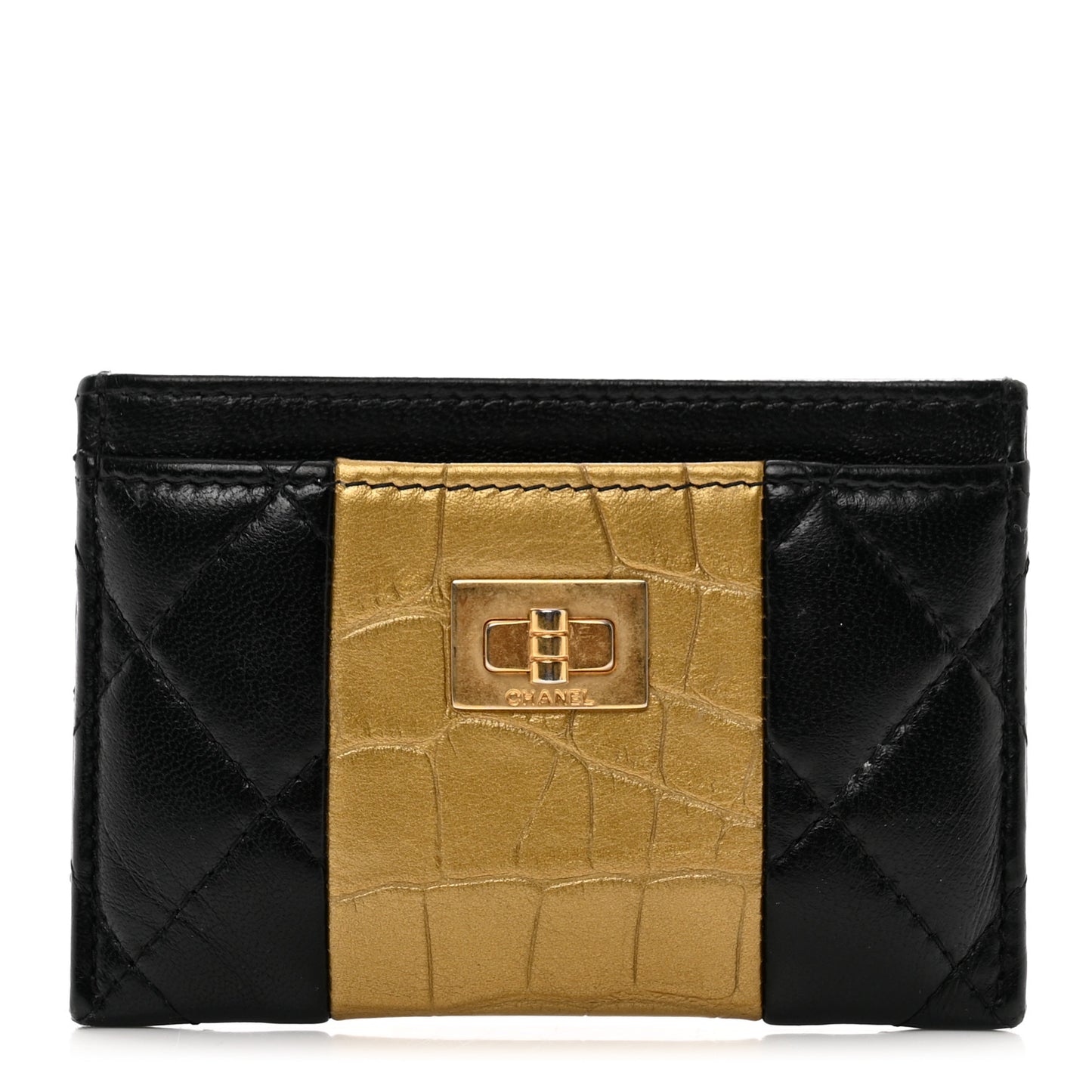 Lambskin Crocodile Embossed 2.55 Reissue Card Holder Black Gold
