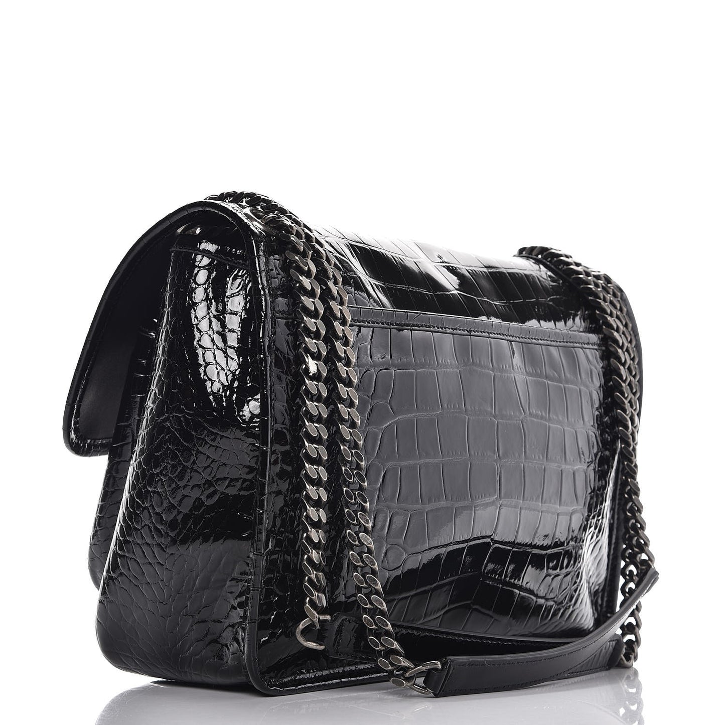 Patent Crocodile Embossed Lambskin Monogram Medium Niki Chain Satchel Black