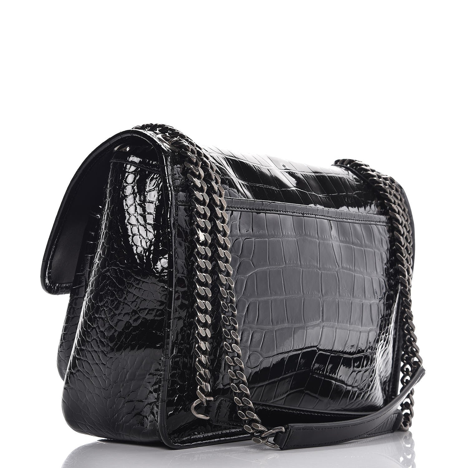 Saint Laurent Patent Crocodile Embossed Lambskin Monogram Medium Niki Chain Satchel Black 3 of 7