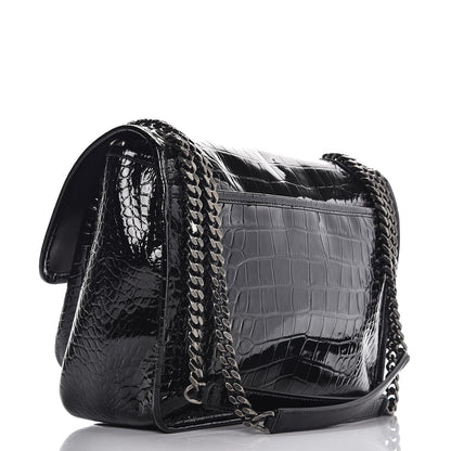Saint Laurent Patent Crocodile Embossed Lambskin Monogram Medium Niki Chain Satchel Black 3 of 7