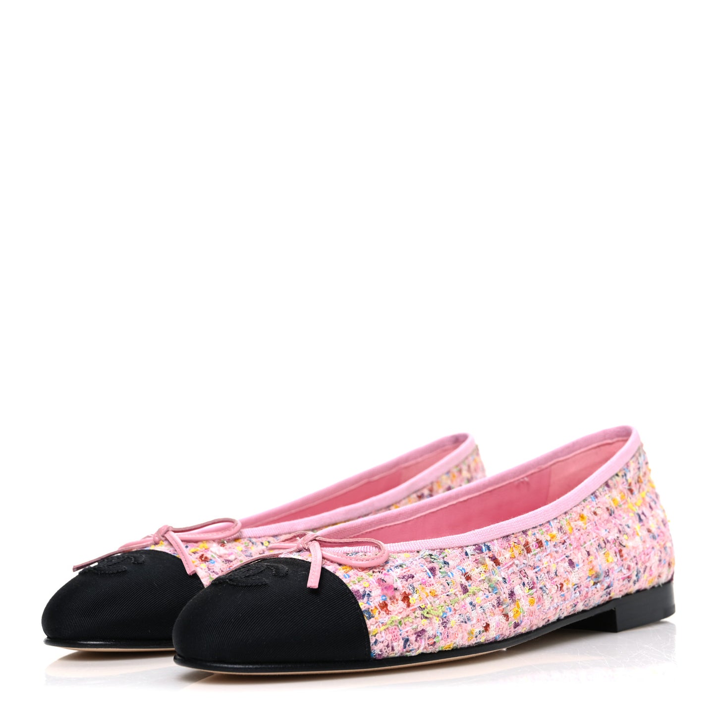 Tweed Sequin Grosgrain Cap Toe Ballet Flats 37.5 Light Pink Multicolor Black