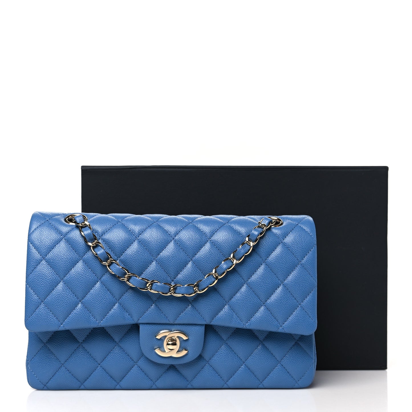 Caviar Quilted Medium Double Flap Blue
