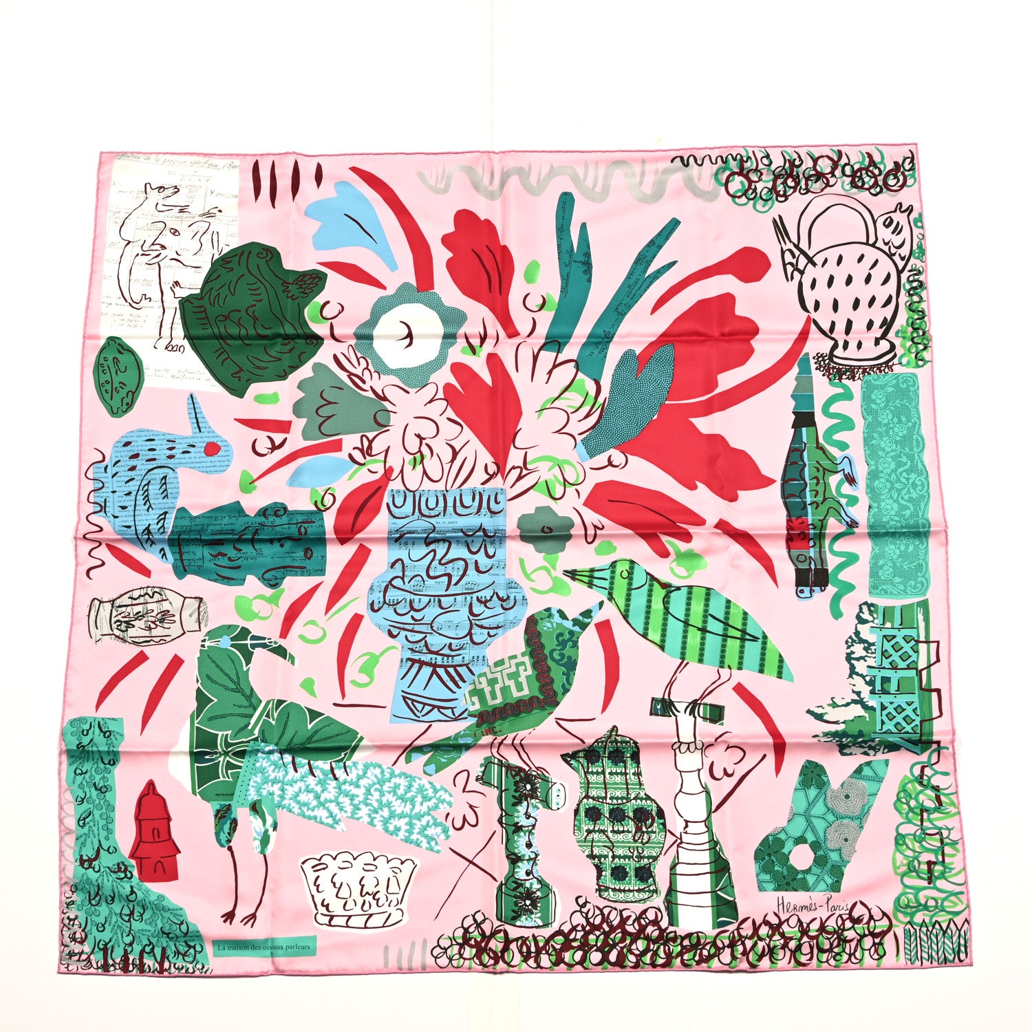 Hermes Silk La Maison Des Oiseaux Parleurs Scarf 90 Rose Vert 1 of 4