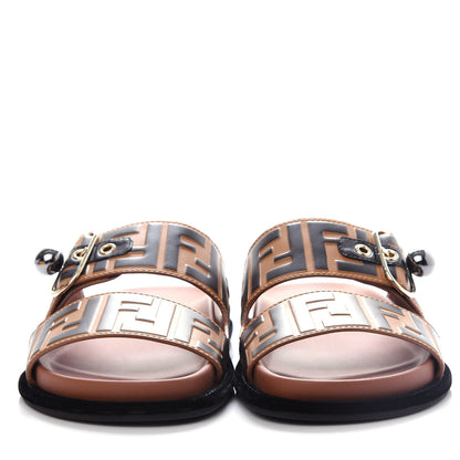 Fendi Calfskin FF Embossed Pearland Slide Sandals 37 Tobacco Moro 2 of 11