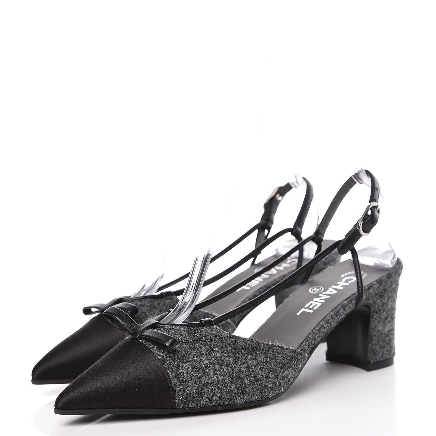 Tweed Satin Cap Toe CC Slingback Pumps 40 Black Grey