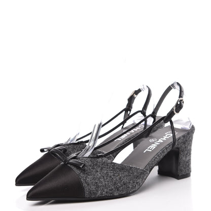 Chanel Tweed Satin Cap Toe CC Slingback Pumps 40 Black Grey 3 of 9