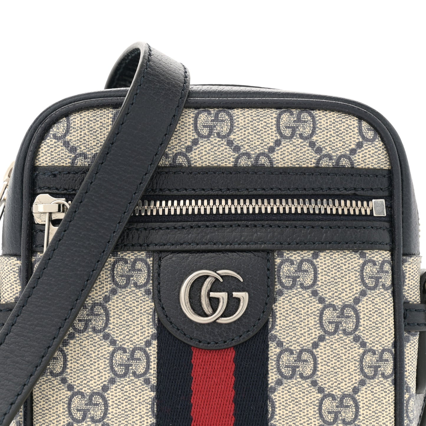 GG Supreme Monogram Textured Calfskin Web Mini Ophidia Messenger Beige Blue