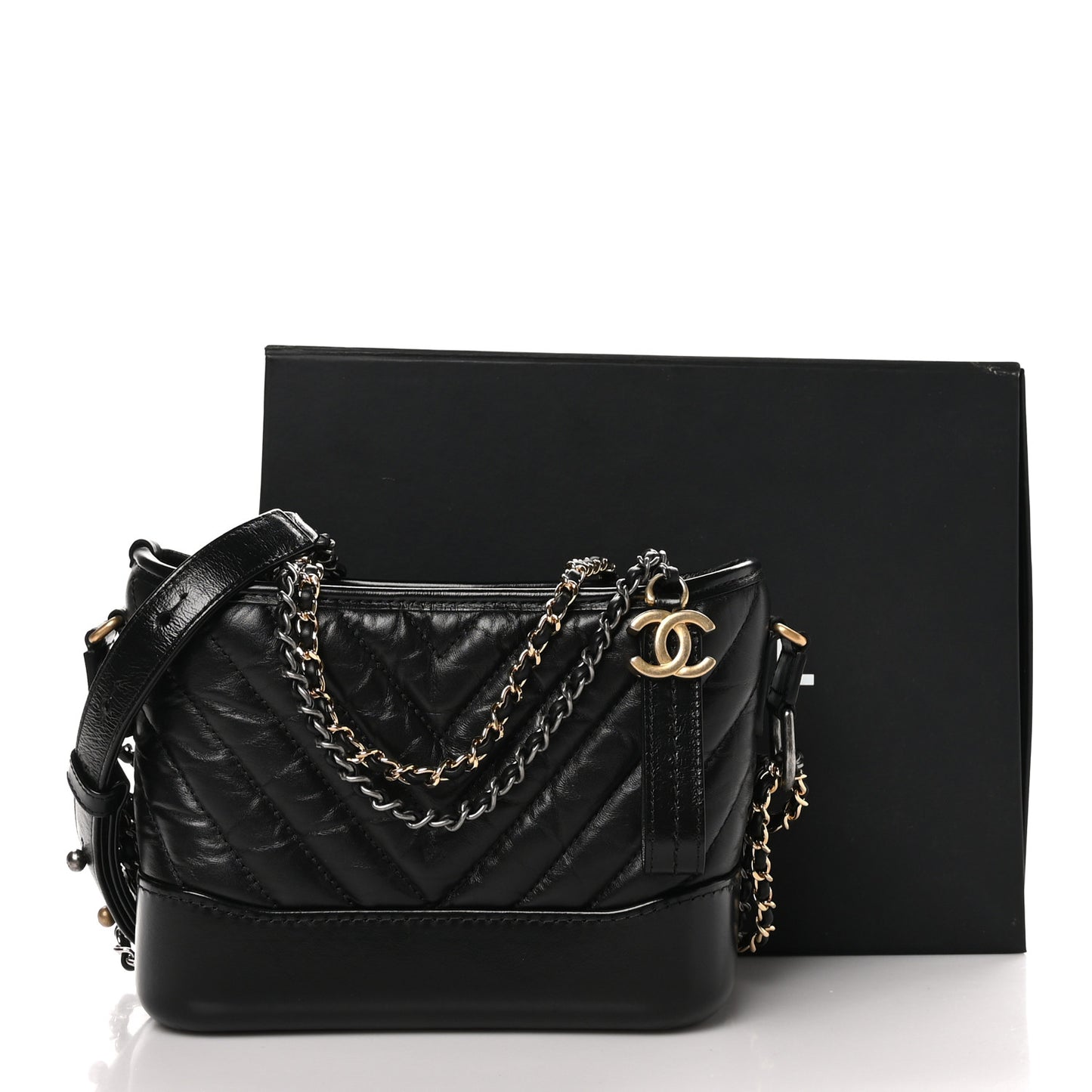 Aged Calfskin Chevron Quilted Small Gabrielle Hobo Black