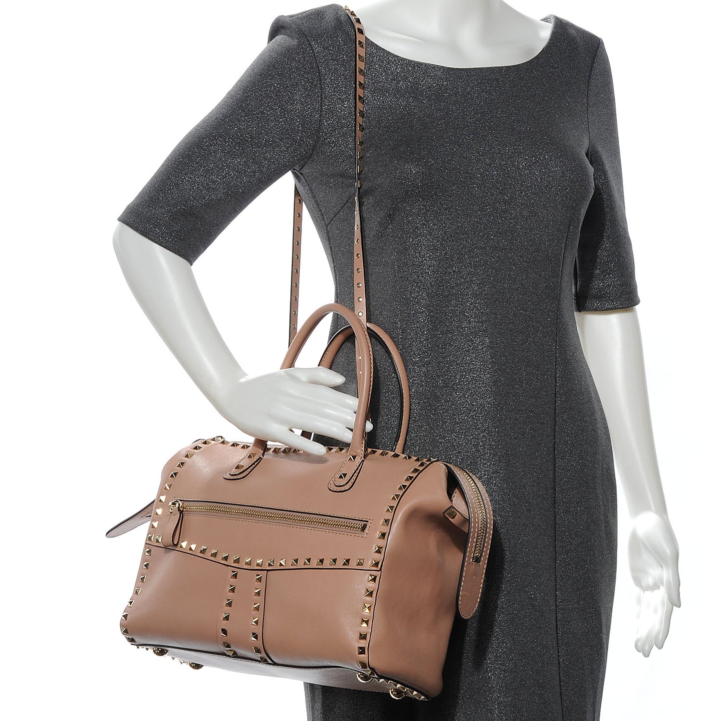 Calfskin Rockstud Top Handle Satchel Soft Noisette