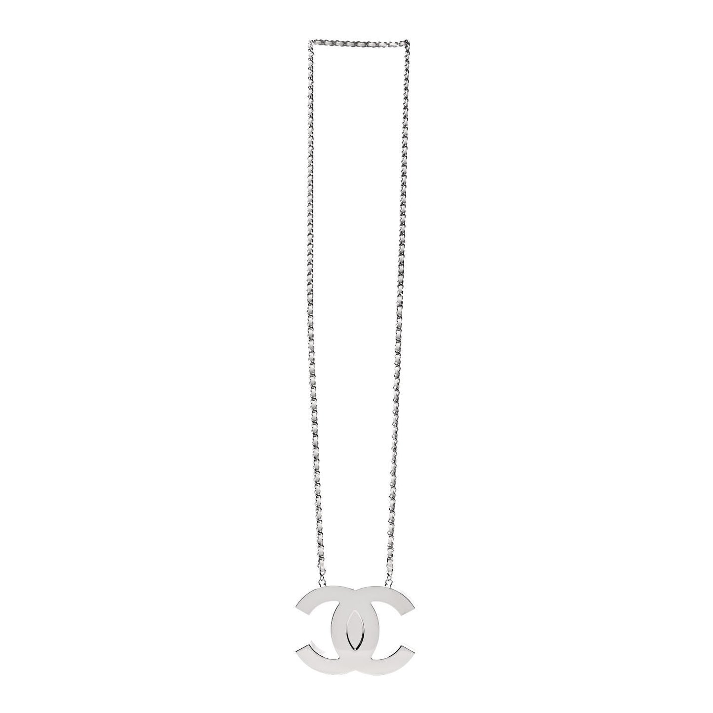 Metal Calfskin CC Locket Long Necklace Silver White