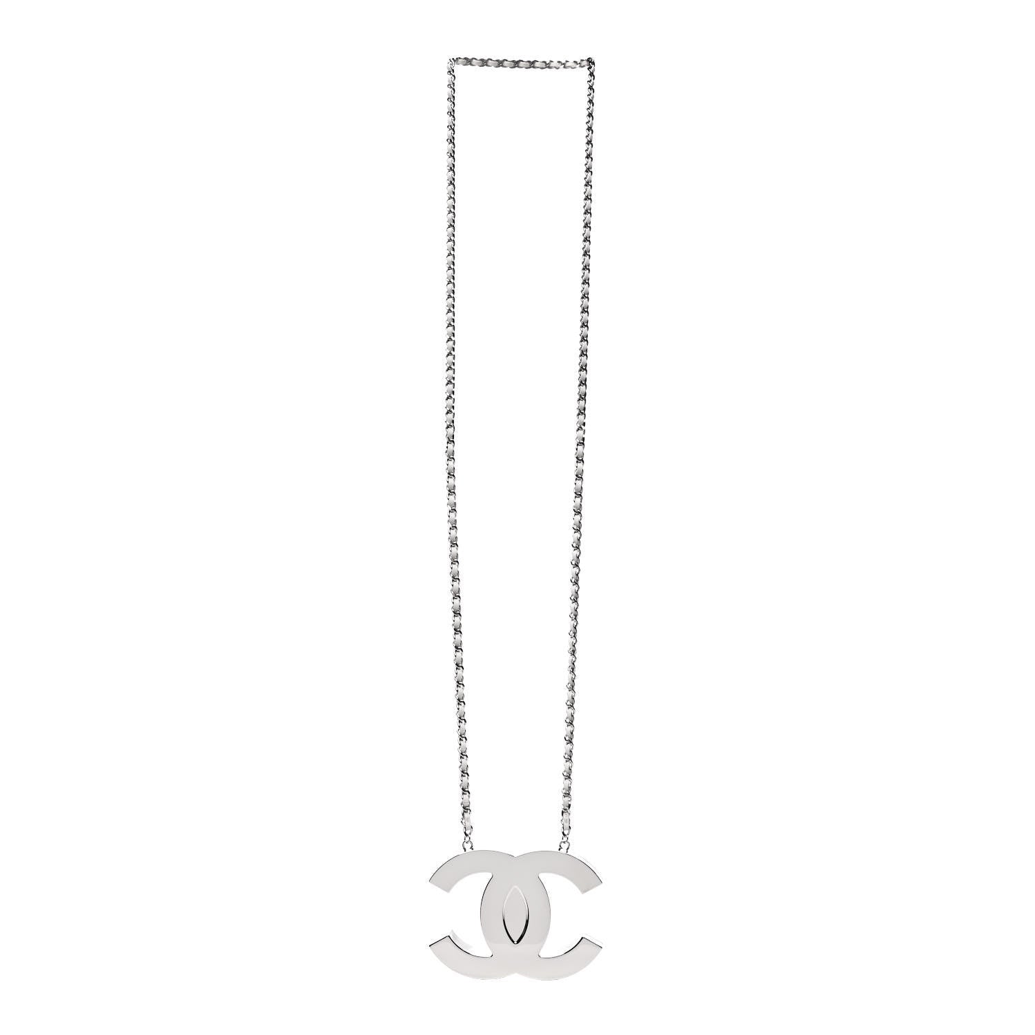 Chanel Metal Calfskin CC Locket Long Necklace Silver White 2 of 6