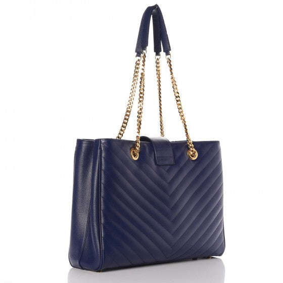 Saint Laurent Grain De Poudre Matelasse Chevron Monogram Shopping Bag Deep Marine 3 of 16