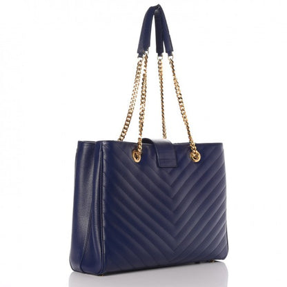 Saint Laurent Grain De Poudre Matelasse Chevron Monogram Shopping Bag Deep Marine 3 of 16
