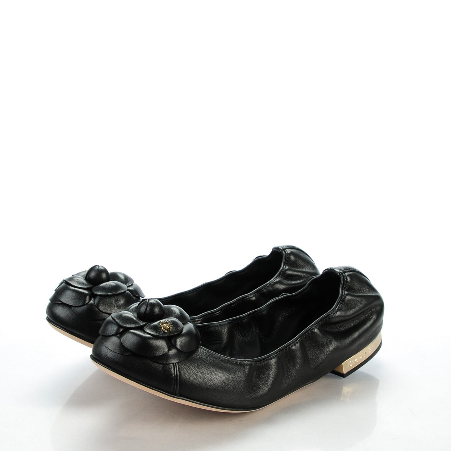 Lambskin Elastic Camellia Ballerina Flats 38 Black
