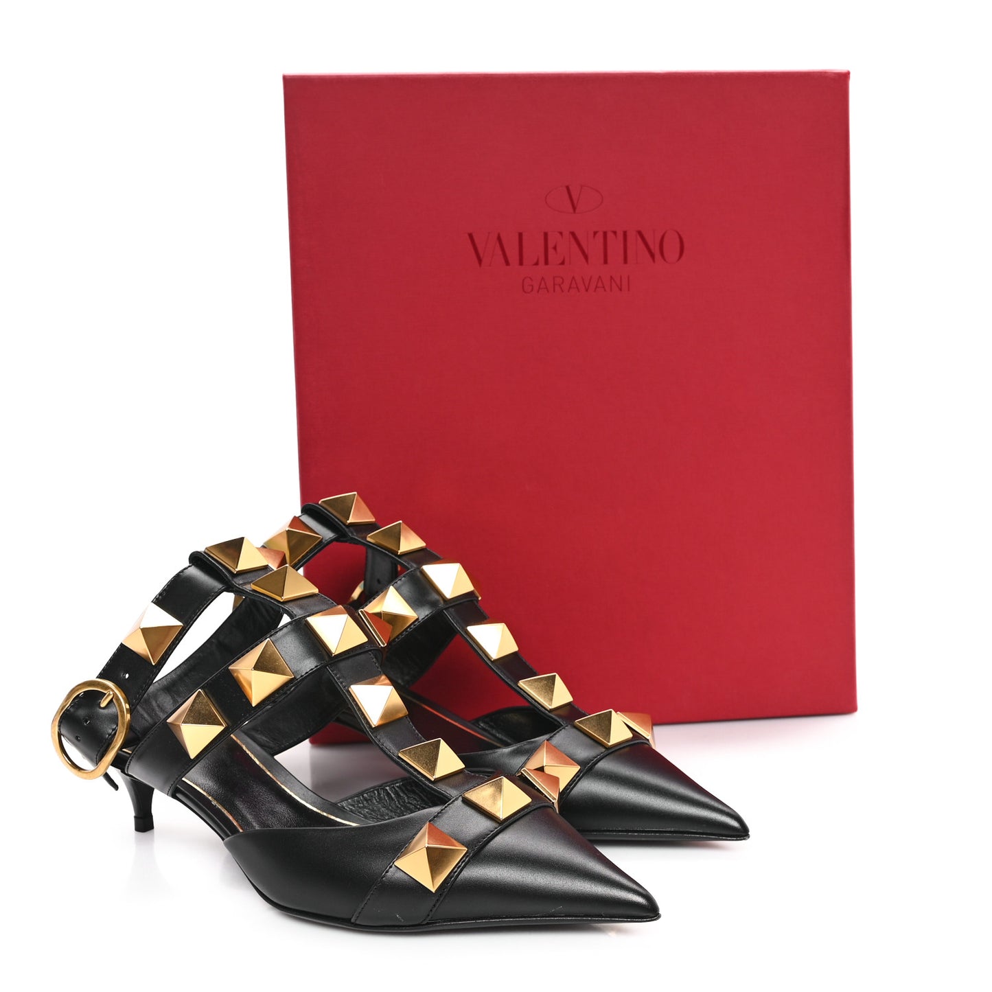 Calfskin Roman Stud Ankle Strap 40mm Pumps 36.5 Black