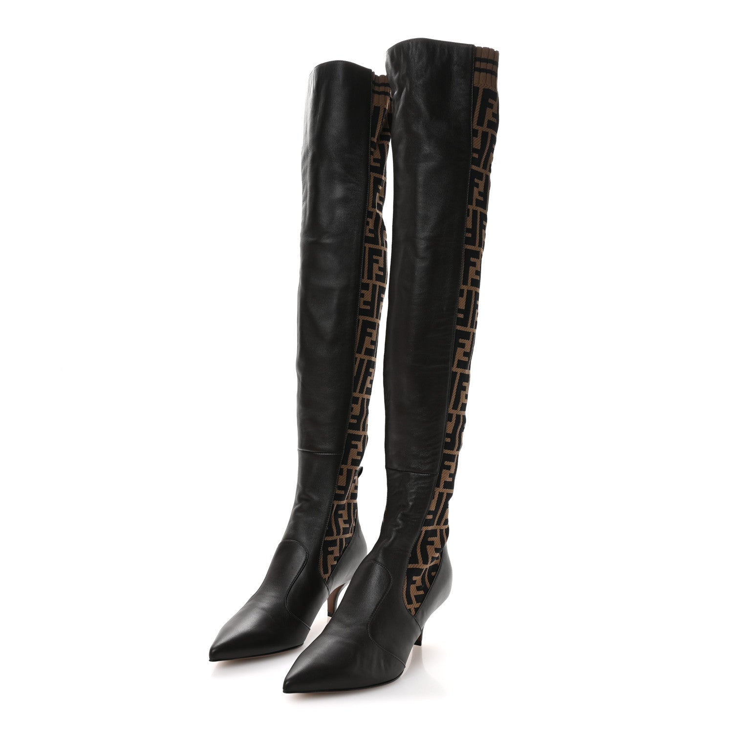 Fendi Nappa Microfiber Fabric FF Rockoko Thigh High Boots 37 Ebano