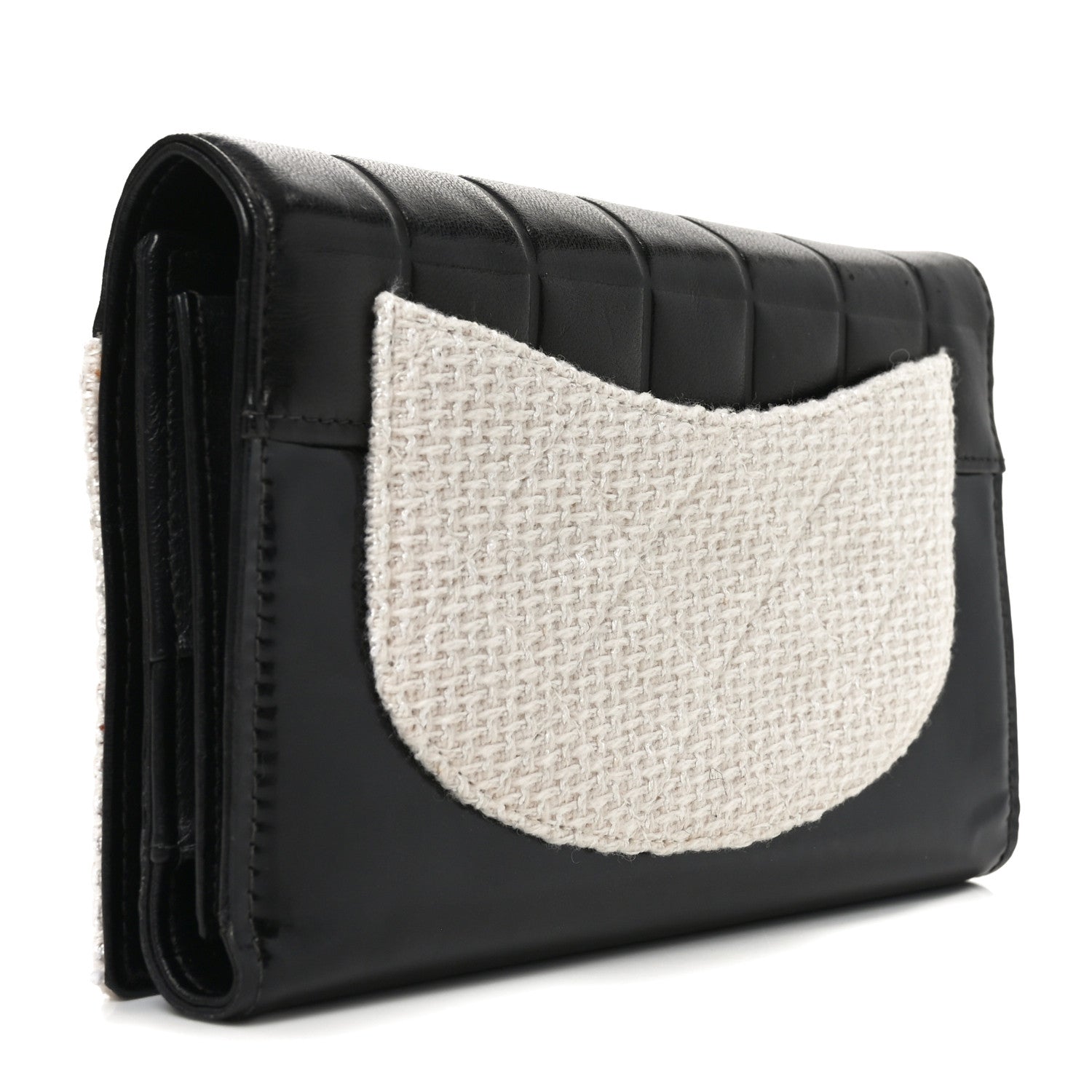 Chanel Tweed Jersey Lambskin Camellia Flap Chocolate Bar Pearl Chain Flap Clutch Black Beige 3 of 11