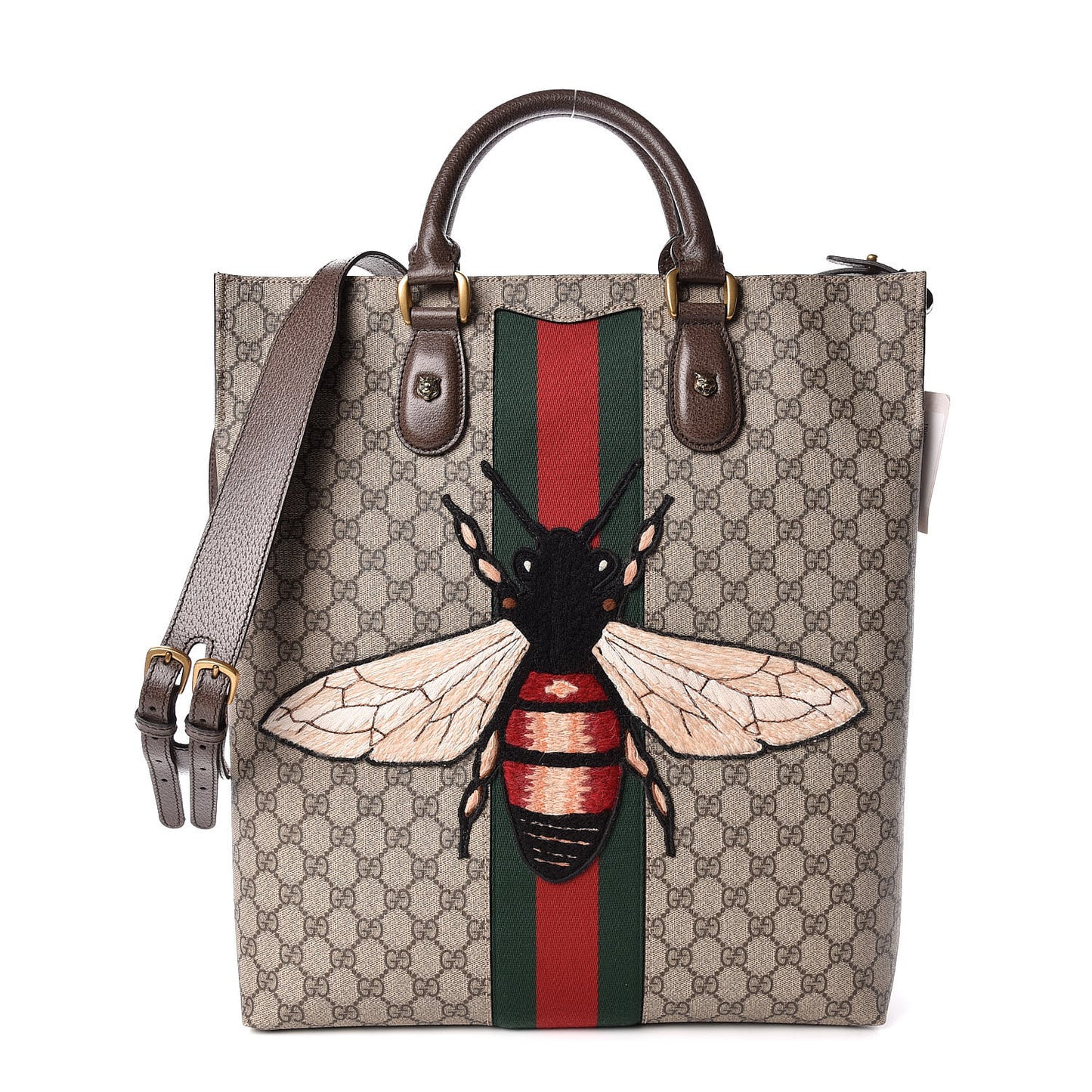 GG Supreme Monogram Web Animalier Bee Vertical Tote Brown