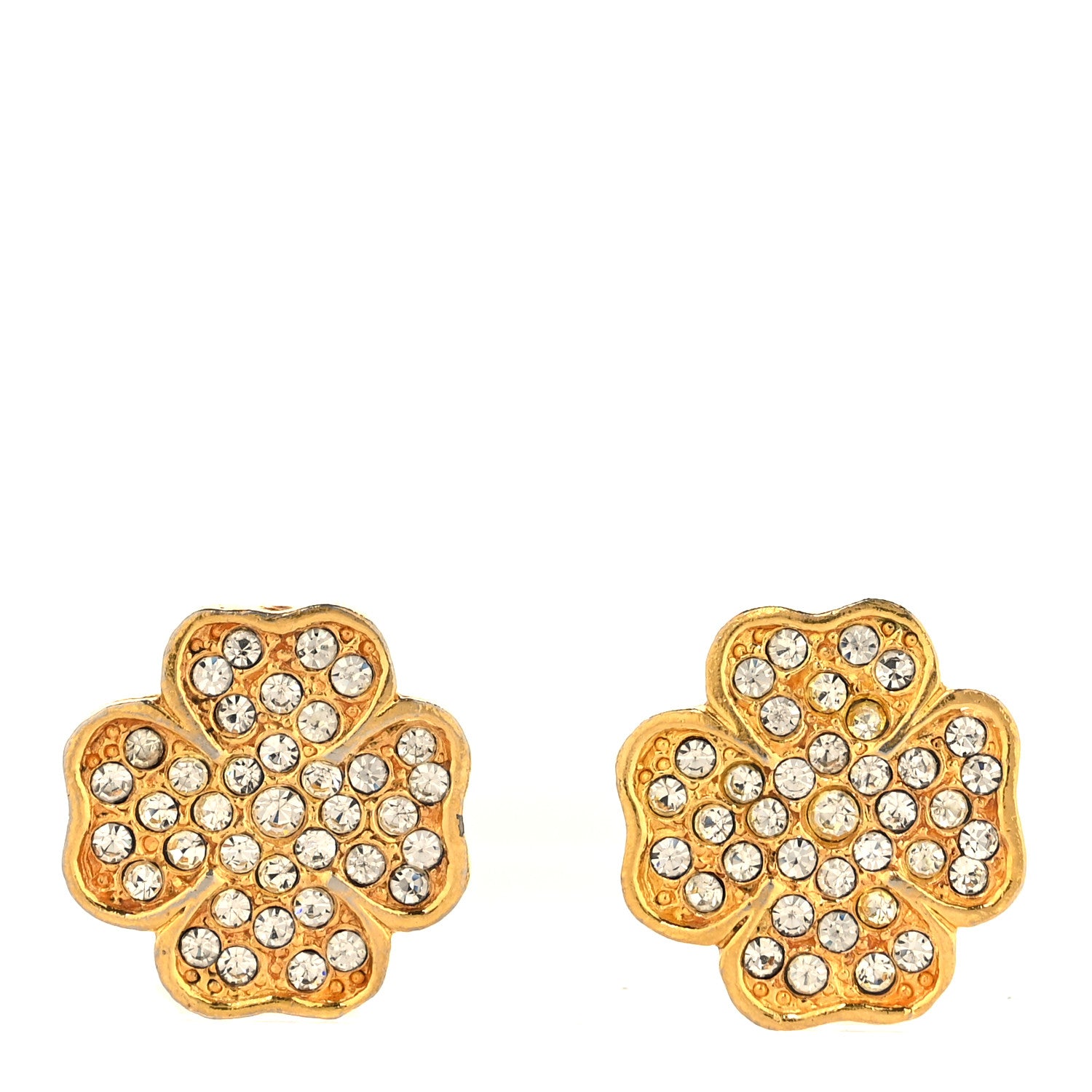 Chanel Metal Crystal Clover Clip On Earrings Gold 1 of 4